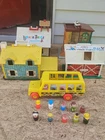 Lot Of 4 Vintage Fisher Price Buildings,1 Schoolbus,And 10 People