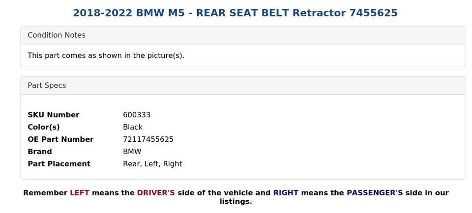 BMW 540I 2017-2023 - Cinturón de seguridad trasero retractor 7455625 Foto 4 de 4