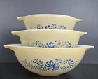 PYREX Homestead Cinderella Mixing Bowls BLUE ON TAN 442-444 Set Of 3