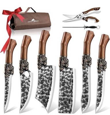 Purple Dragon Butcher Knife Set Tiger-Head, 8 PCS Set with Roll Bag