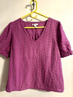 Draper James Eyelet Puff Short Sleeve V-Neck Top Purple Cotton XL