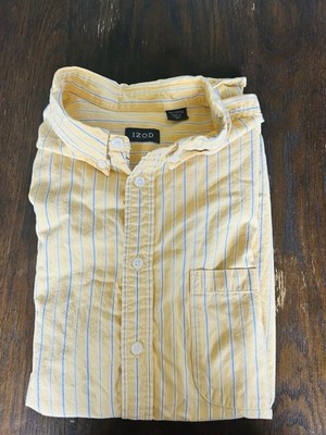 IZOD Mens XL Yellow Blue Stripe Short Sleeve Button Down Shirt Casual Summer