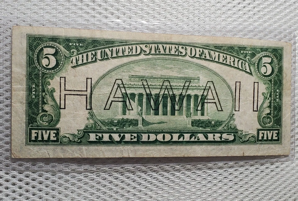 1934 A $5 Hawaii Overprint Federal Reserve Note Brown Seal WWII Emergency Issue - Image 2 of 4