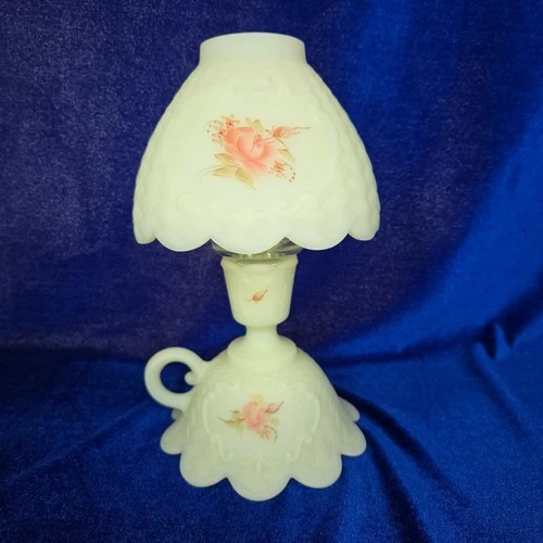 Fenton Burmese Fairy Lamp "Roses on Custard" 3-pc GLOWS Handpainted Signed 1950s