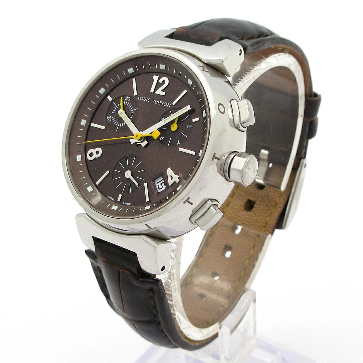 LOUIS VUITTON Tambour Chronograph Wristwatch SS Brown Quartz 