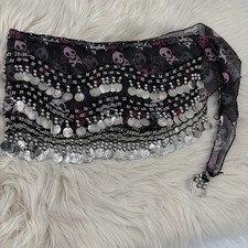 Chiffon Dangling Coins Belly Dance Hip Scarf Skirt Black Skulls Shear