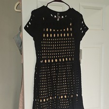 Anthropologie Black Beige Geometric Cut-Out Short Sleeve Knee A-Line Dress SP