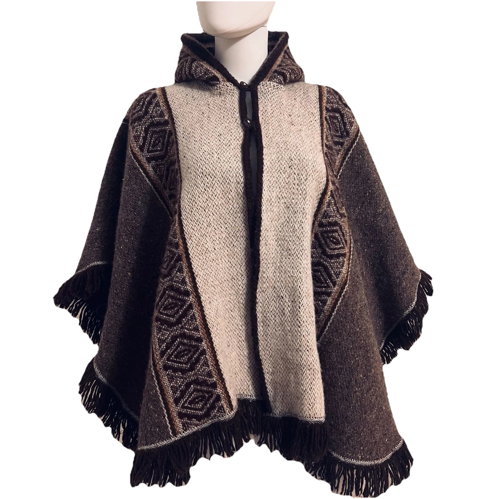 Handicrafts Sisandina Brown Beige Wool Poncho Hood Aztec Western S M L XL O/S