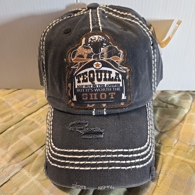 (NEW) KBETHOS VINTAGE DISTRESSED HAT CAP TEQUILA NOT ANSWER/BUT WORTH SHOT BLACK