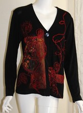 Chico's Travelers Sz 1 M Slinky Red Black Art Pieced Silk Wearable Art Jacket