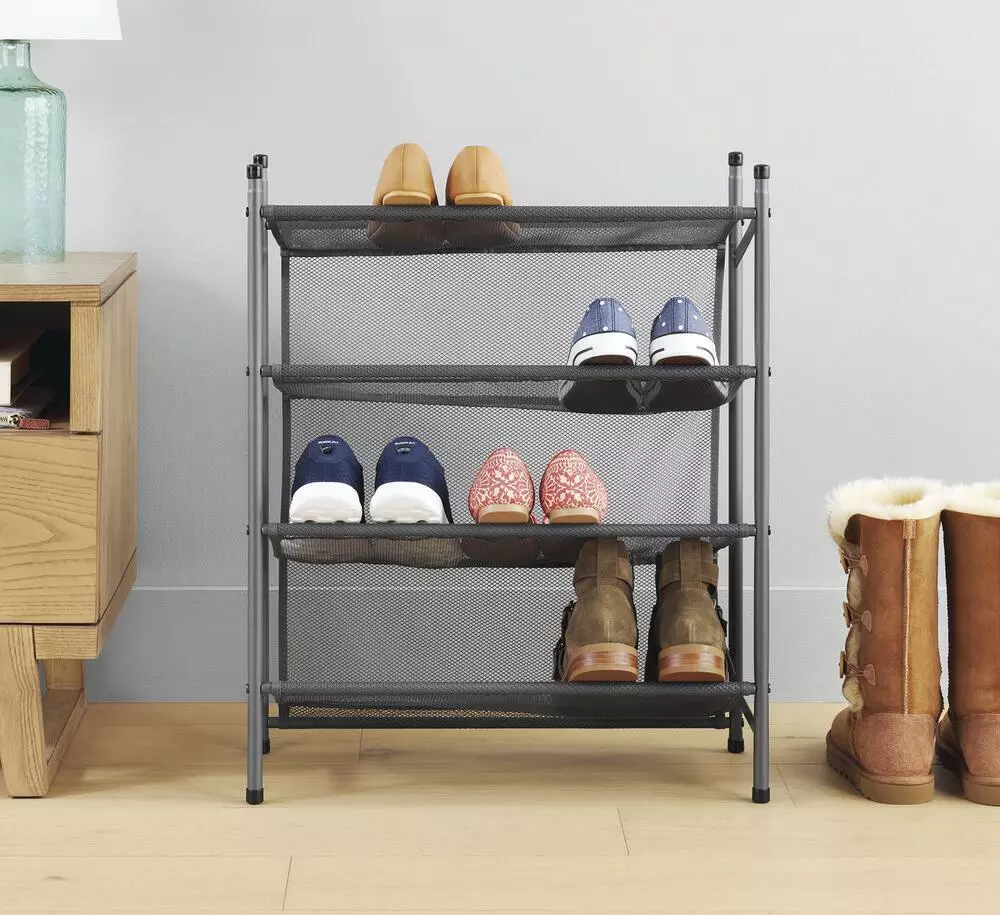 Whitmor 24 Pair Gunmetal Mesh 4 Tier Shelf Metal Shoe Rack 9x22x27  Stackable