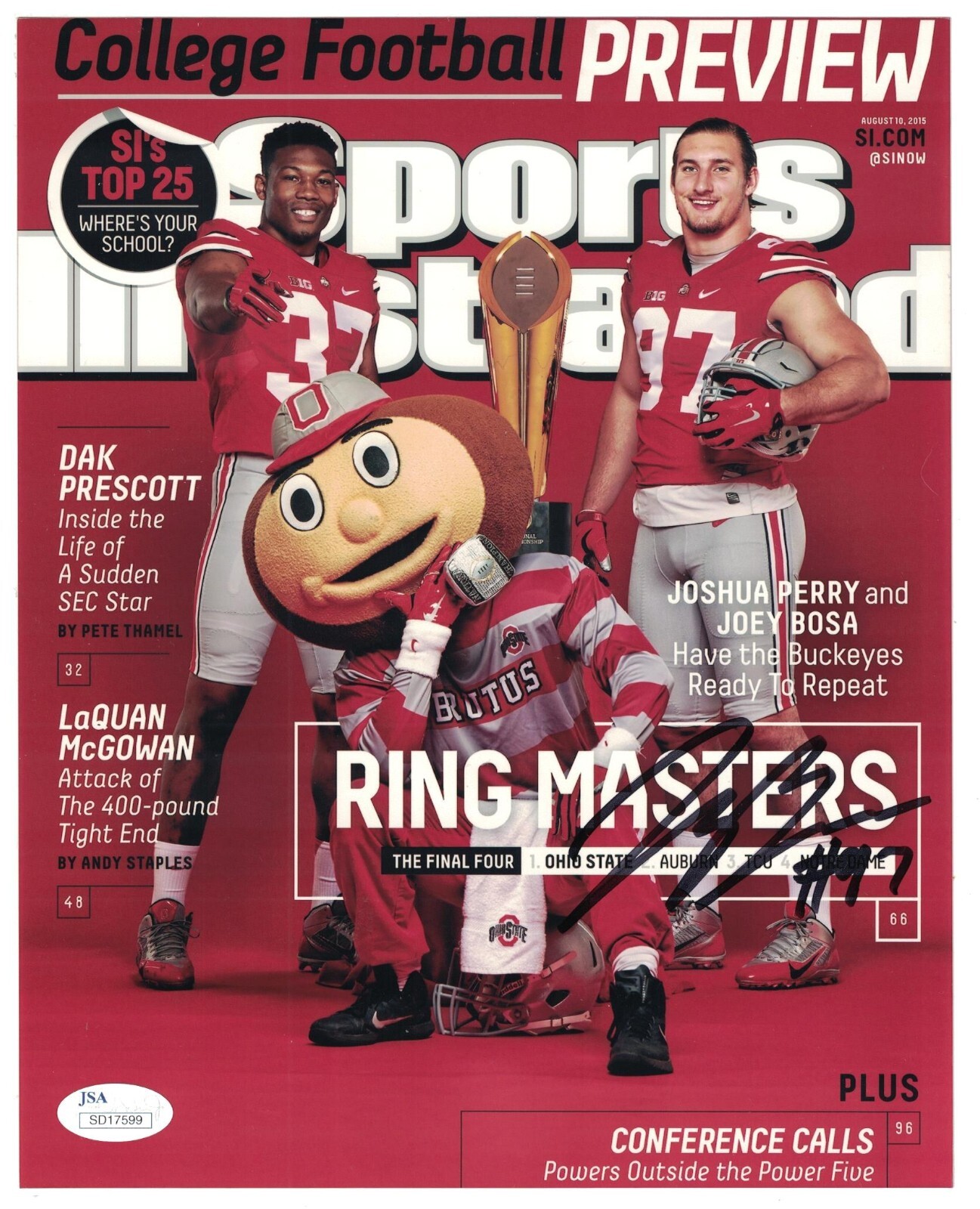 Joey Bosa Autographed Signed Ohio State 8 x 10 Photo Los Angeles Chargers JSA B 