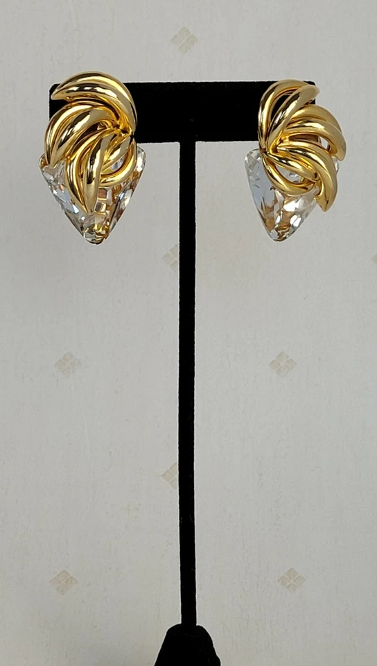 Gold 10K Plated Chunky Statement Triangle Faceted Clear Stone Clip Earrings - Image 2 of 4