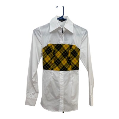 Petersyn Monroe Tartan Tie Back Button Down Shirt Women's XS White Yellow NWT