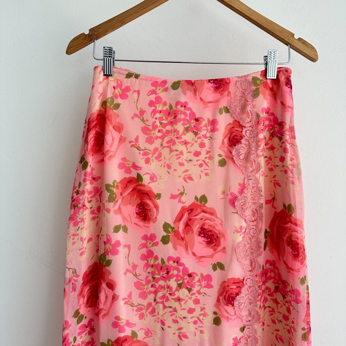 Vintage Betsey Johnson Skirt 6 Pink Silk Floral Rose Slip Lace Coquette 90s Girl - Picture 2 of 10