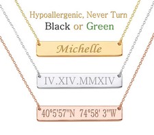 Personalized Roman Numeral Coordinates Name Bar Necklace Silver Gold Stainless