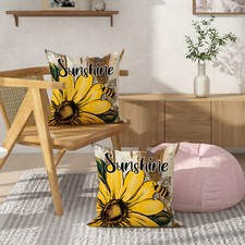 1 PC Sunshine Sunflower Floral Bee Wood Yellow Brown Linen Throw Pillow Cover