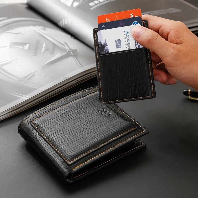 Slim Black Mens Bifold Leather Wallet with Multi Card Slots for Credit Cards ID License Gift