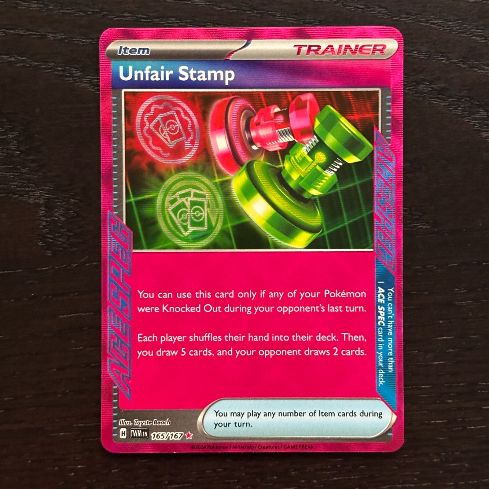 Unfair Stamp 165/167 Pokemon Twilight Masquerade SV ACE SPEC Rare Holo Card NM