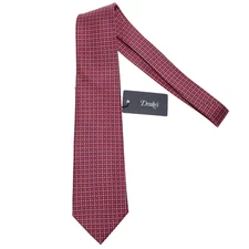 Drake's NWT Neck Tie in Red with Blue & White Geometric Pattern 100% Silk
