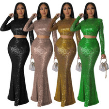 New Stylish Women O Neck Long Sleeves Sequin Bodycon Fishtail Dress 2pcs Party