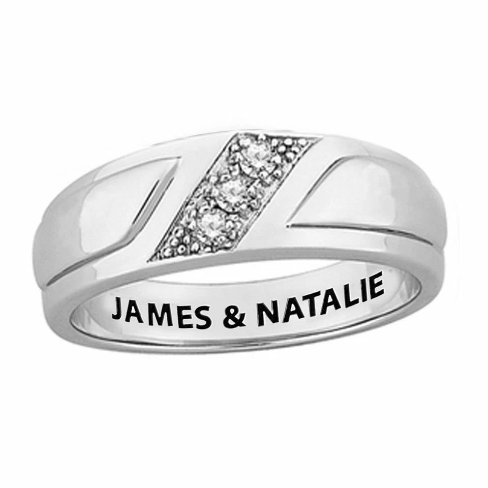 Anillo redondo de plata de ley 925 con tres piedras de diamantes simulados grabados para hombre