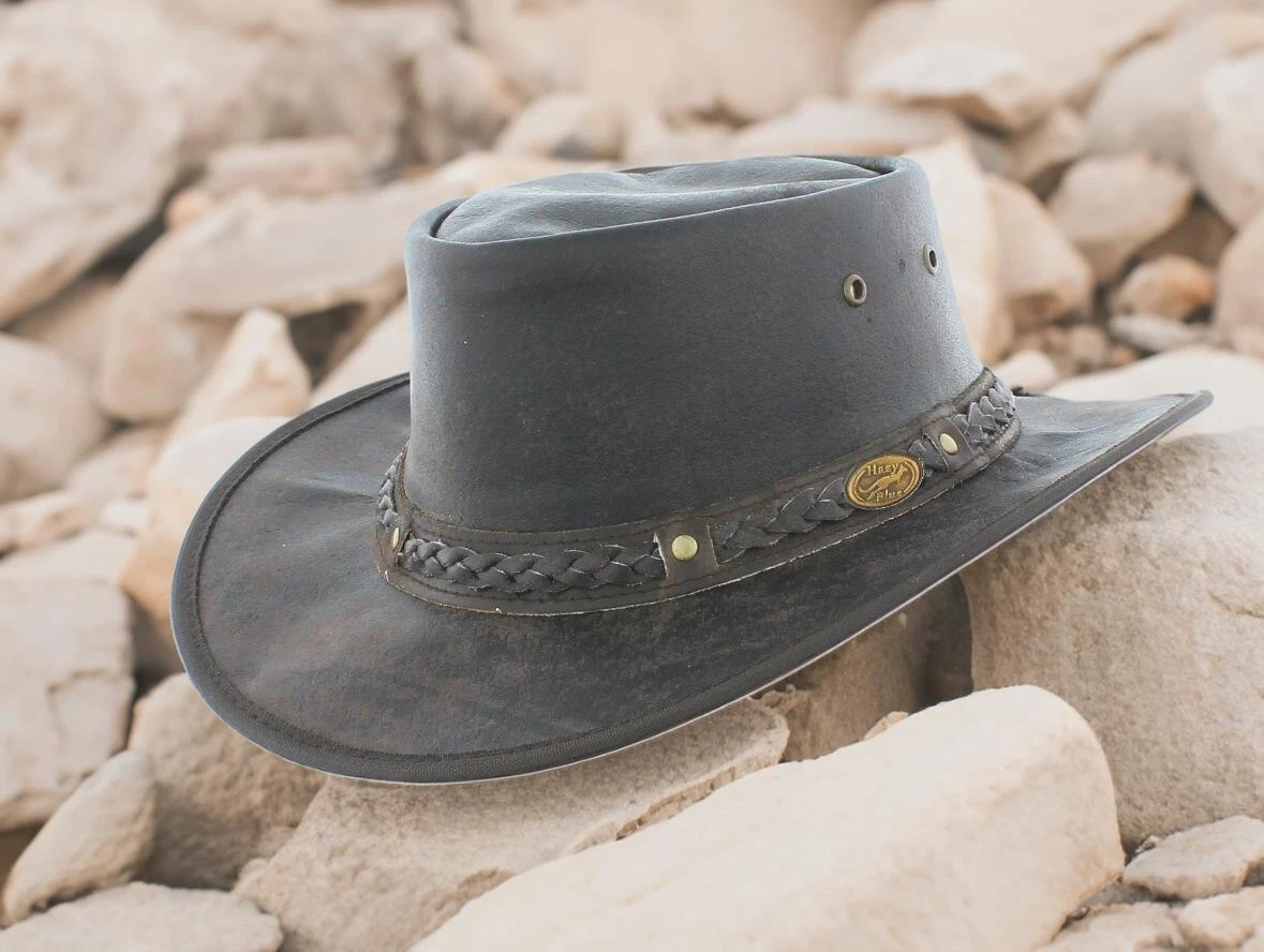 Hazy Blue Soft Crushable Real Leather Aussie Outback Bush Hat With Chin Straps