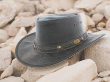 Hazy Blue Soft Crushable Real Leather Aussie Outback Bush Brim Hat Chin Strap