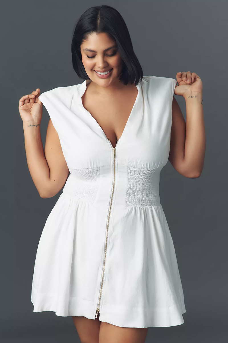 The Tommie Cap-Sleeve Linen Smocked Front-Zip Mini Shirt Dress by Anthropologie in White, Size: XL The Tommie Cap-Sleeve Linen Smocked Front-Zip Mini Shirt Dress by Anthropologie in White, Size: XL
