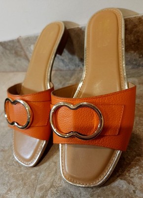 Coach And Four | Women's 8.5 Orange Leather Sandals Flats Slides Made In Italy  