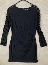 Lauren Ralph Lauren Dress Womens 12 Blue Ruched Strappy Sleeve Sheath Party