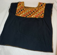 Top Mexicano Bordado Huipil Maya Algodón Orgánico Manta NEGRO - Talla Única