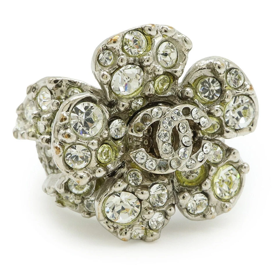Chanel Camellia Flower Motif Ring Metal Rhinestone Women Silver One Size - Image 4 of 4