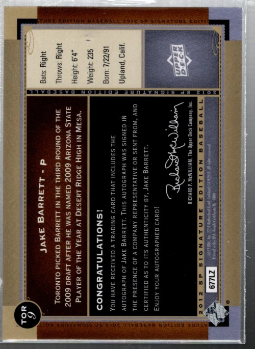 B7134- 2012 SP Signature #TOR9 Jake Barrett E Auto - NM-MT - Image 2 of 2