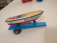 Vint. Japan Blue Bird 7 toy sailboat  trailer displays nice incomplete boat