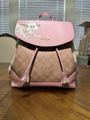 Coach Disney Dalmatian Pink Monogram Backpack Applique Gold Hardware Tassel