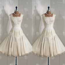Wedding Dress with Square Neck Cap Sleeve Lace Appliques Tea Length Bridal Gowns