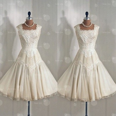 Wedding Dress with Square Neck Cap Sleeve Lace Appliques Tea Length Bridal Gowns