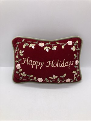 Red Velvet Embroidered Happy Holidays Mini Pillow With Ribbon Flowers