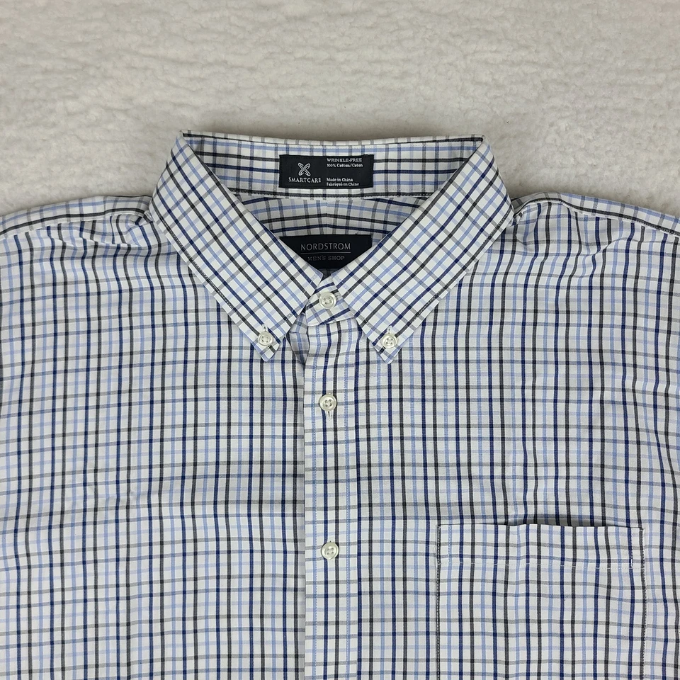 Camisa masculina Nordstrom 17.5 34 azul sem rugas ajuste tradicional botão para cima - Imagem 3 de 4