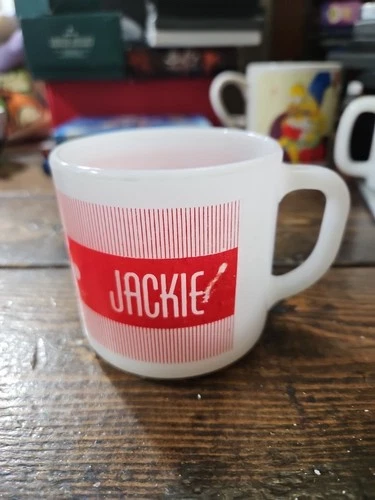 Vtg Federal Glass White Red Milk Glass " Jackie" Name Coffee Mug Cup Heat Proof
