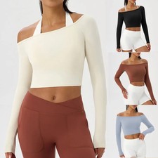 Women Off Shoulder Yoga Top Long Sleeve Quick-Dry Sport Gym Running Workout Shir