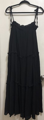 NWT &merci Black Gauze Ruffles Lined Tiered Shoulder Straps Tie Maxi Dress Sz S
