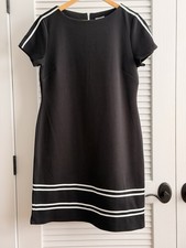 NWT T by Talbots Black White Stripe Shift Dress Size M Short Sleeve Stretch