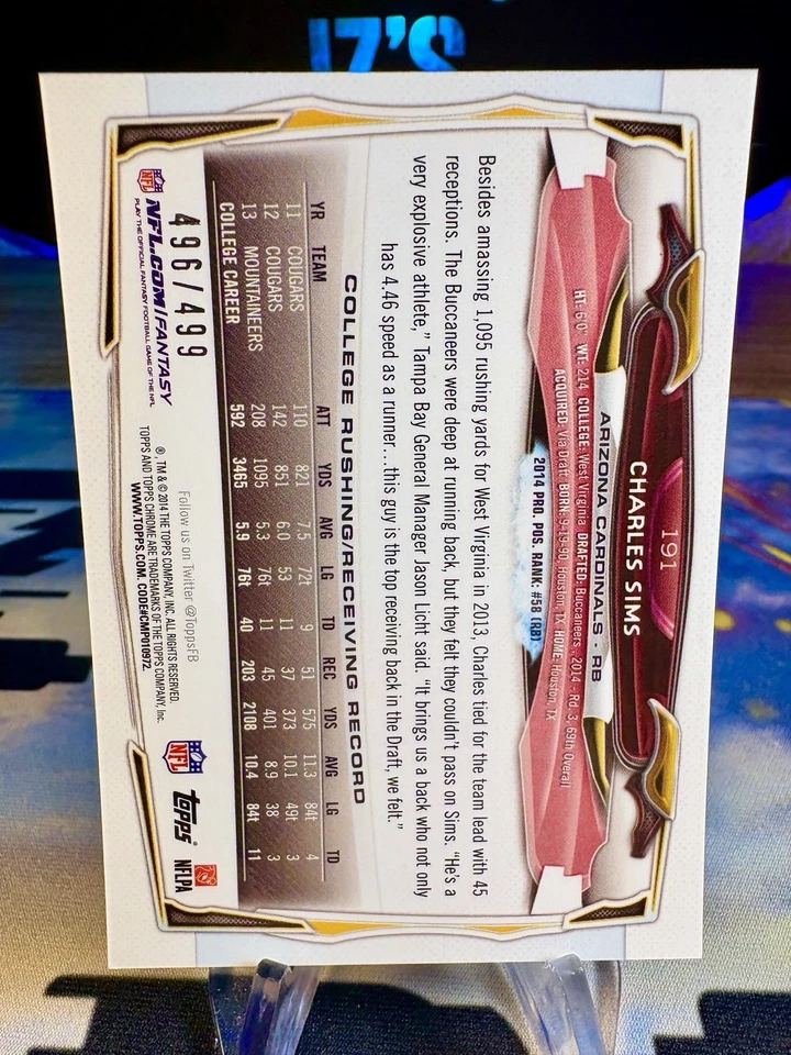 2014 Charles Sims Topps Chrome Camo Refractor /499 Rookie Card #191 Cardinals - Image 2 of 2