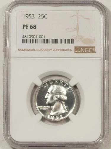 1953 PROOF WASHINGTON QUARTER - NGC PF-68 FRESH WHITE & VIRTUALLY PERFECT