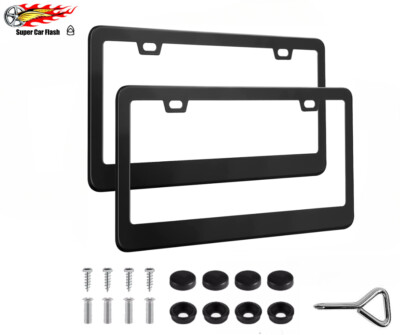 2PCS Stainless Steel Universal Black License Plate Frame Tag Cover Screw Caps
