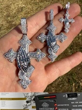 MOISSANITE Gothic Cross & Praying Hands Pendant Iced Real 925 Silver Necklace