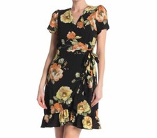 Luxology ~ Black Floral Crepe V-Neck Ruffle Hem Wrap Party Dress L NEW 