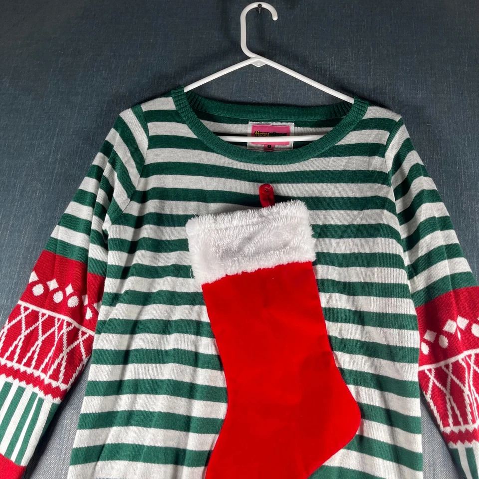 Suéter Tipsy Elves Medias Stuffer Feo Navidad Mujer S Verde Blanco Rayas Foto 2 de 4